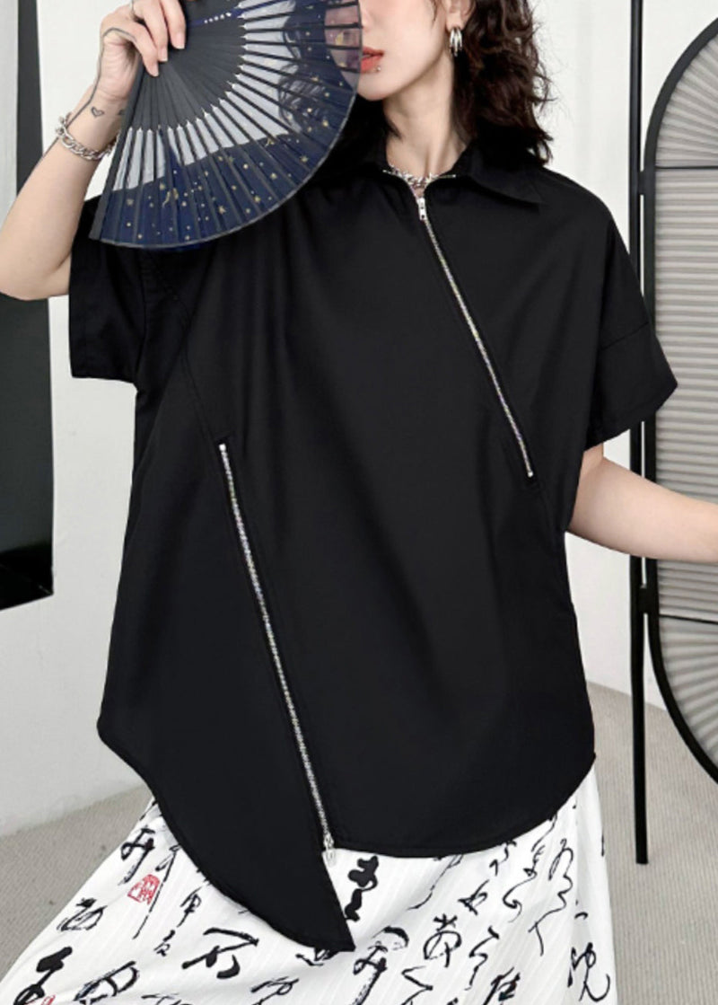 Black Zippered Asymmetrical Patchwork Cotton Blouses Short Sleeve