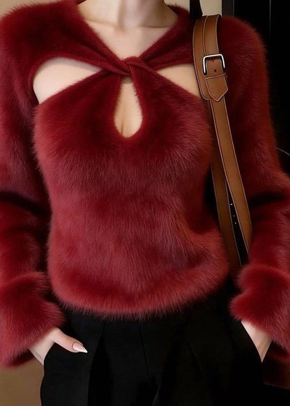 French Red Hollow Out Thick Mink Velvet Top Lantern Sleeve