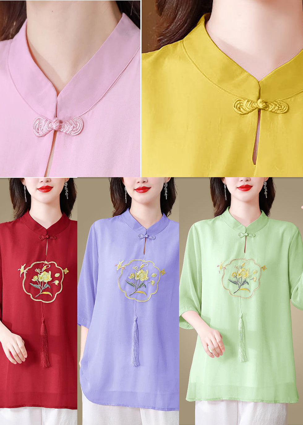 Red Embroidered Tasseled Silk Blouse Tops Summer