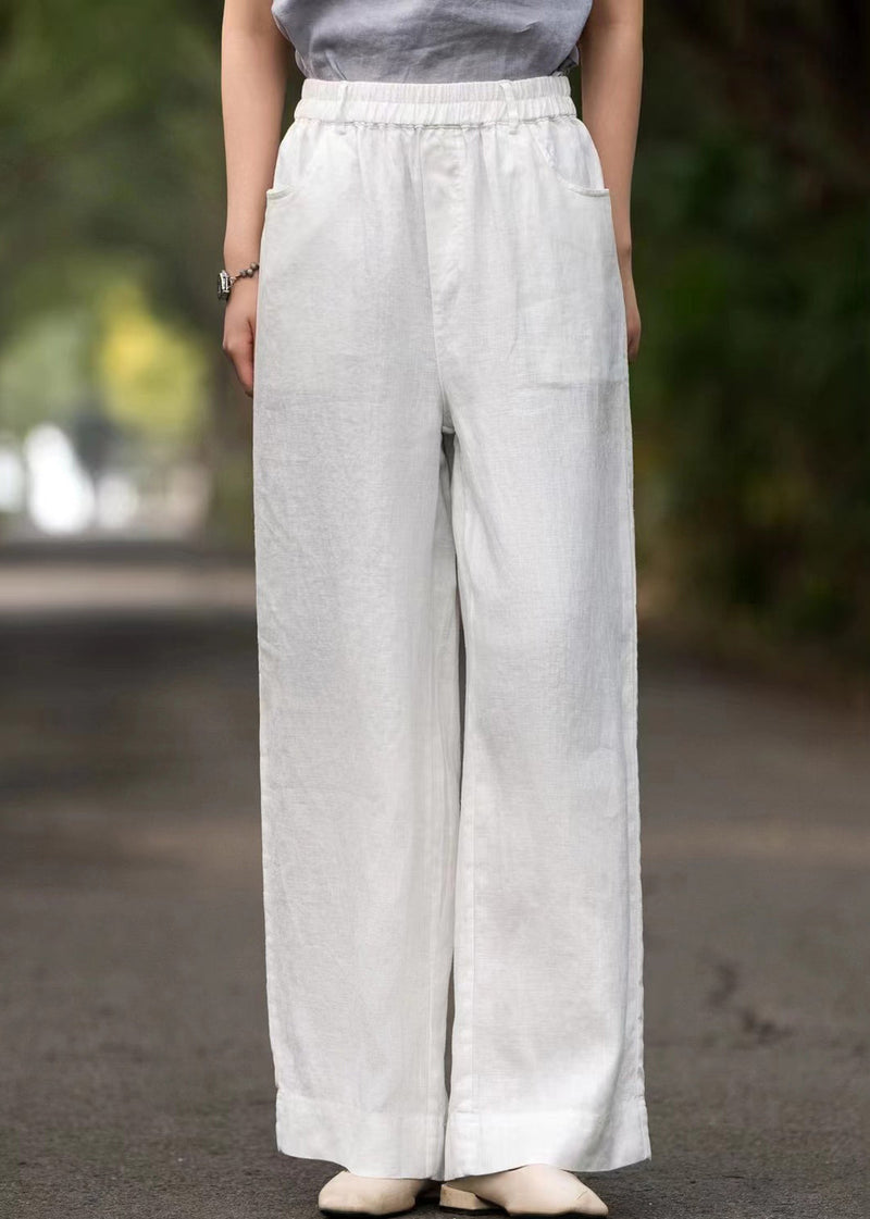 French White Elastic Waist Loose Linen Wide Leg Pants