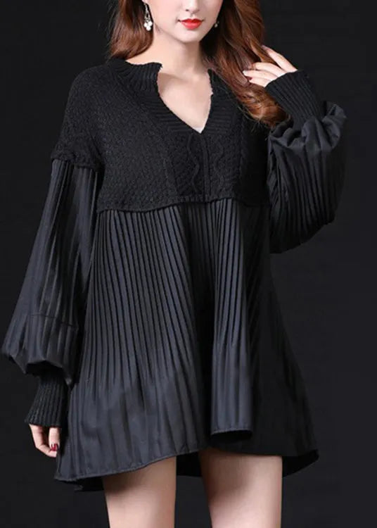 Black Patchwork Wrinkled Loose Knitted Tops Long Sleeve
