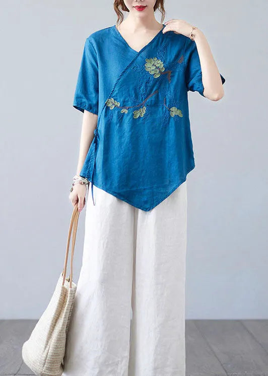 Blue Asymmetrical Shirt Tops Half Sleeve