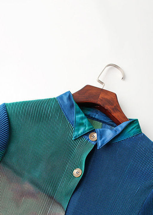 Slim Fit Blue Green Peter Pan Collar Wrinkled Gradient Color Shirt Dress and Straight Pants Two Pieces Set Fall