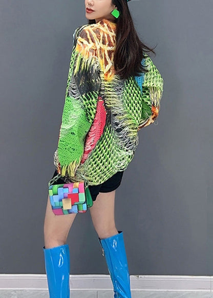 Unique Green O-neck Hollow Out Patchwork Knit Top Fall