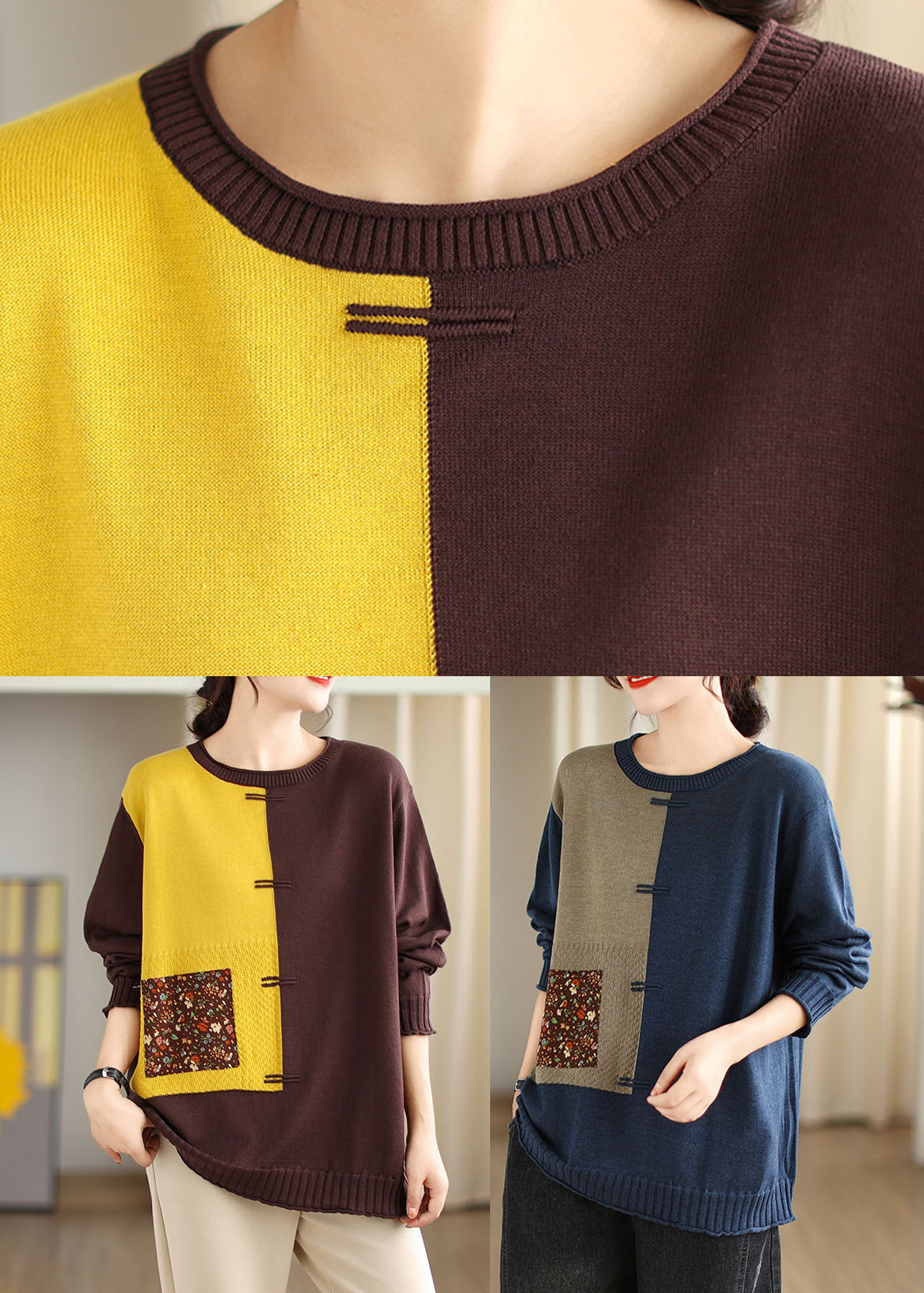 Yellow Print Patchwork Cotton Knit Sweaters Fall