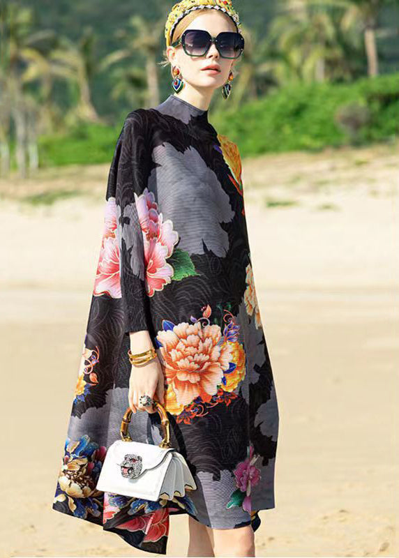 Classy Black Hign Neck Print Patchwork Cotton a Line Dress Fall