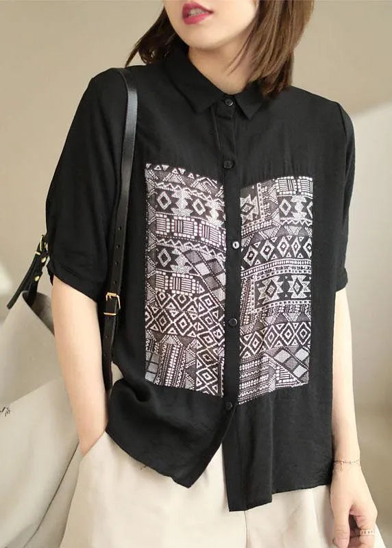 Classy Black Peterpan Collar Button Patchwork Fall Half Sleeve Shirt Top