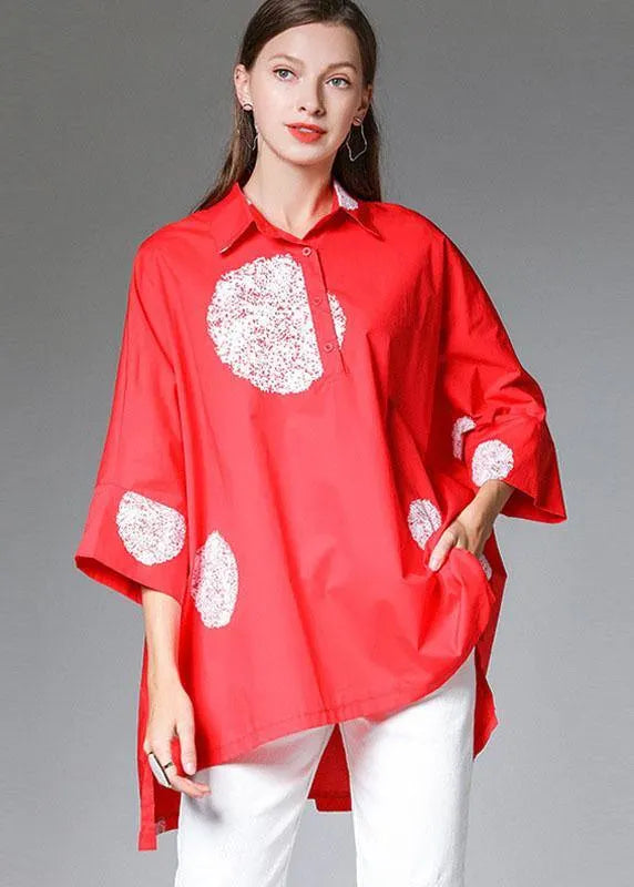 Classy Red Bat Wing Sleeve Dot Low High Design Fall Cotton Shirt Tops