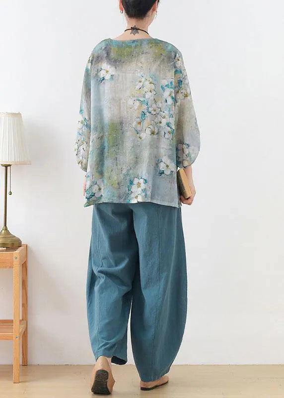 Blue Retro O-neck Fall Blouses Three Quarter Sleeve