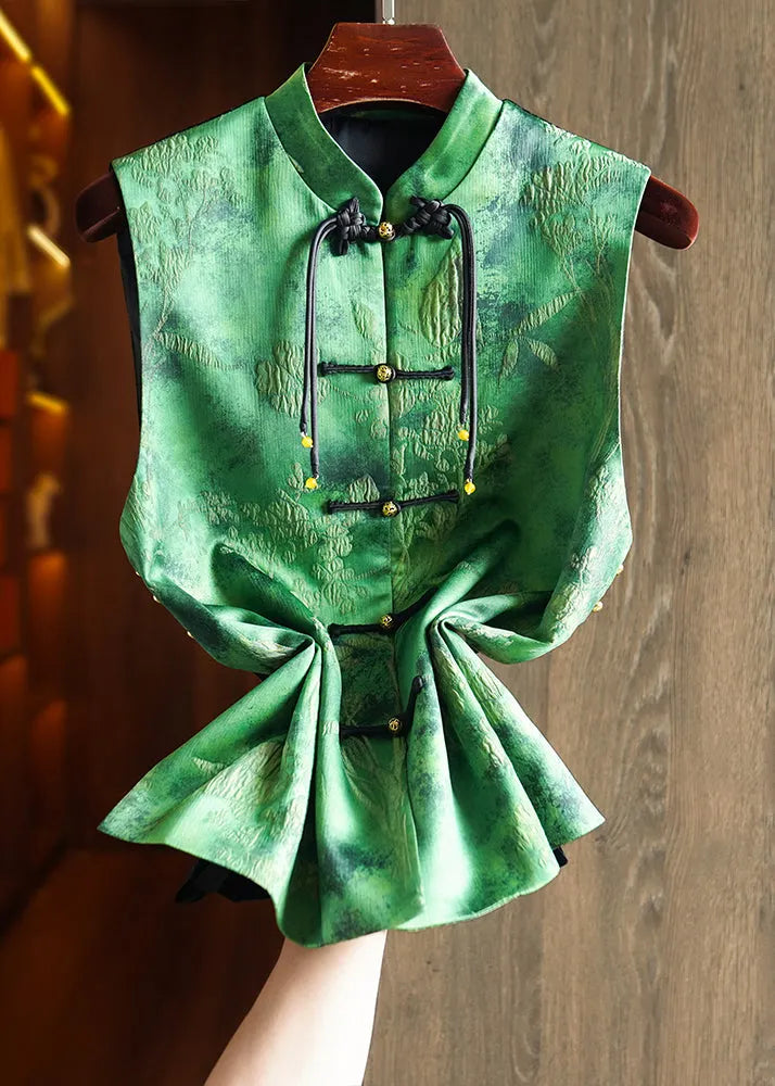 Green Tasseled Jacquard Patchwork Silk Vest Sleeveless