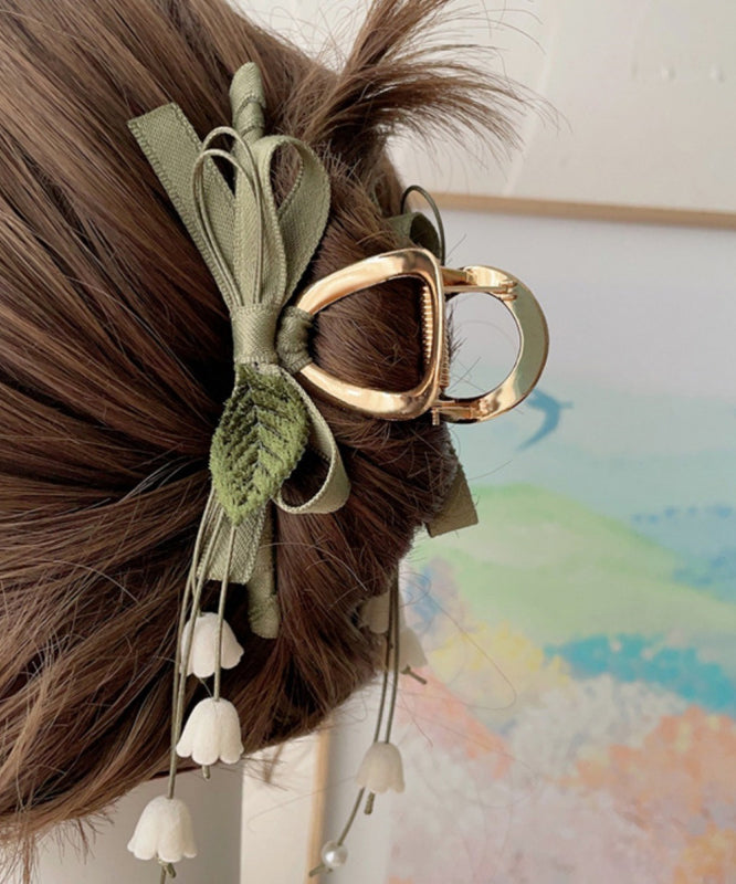 Army Green Alloy Cloth Bow Lily of the Valley Tassel Hairpin