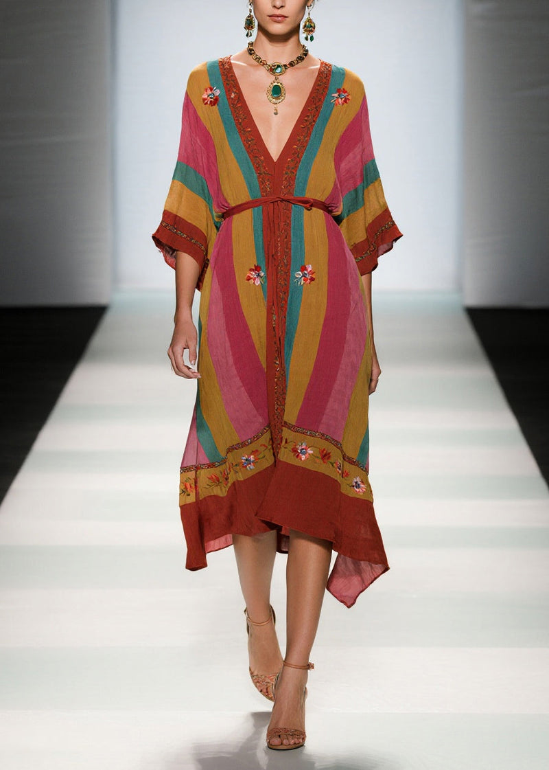Colorblock Tie Waist Cotton Maxi Dress Summer