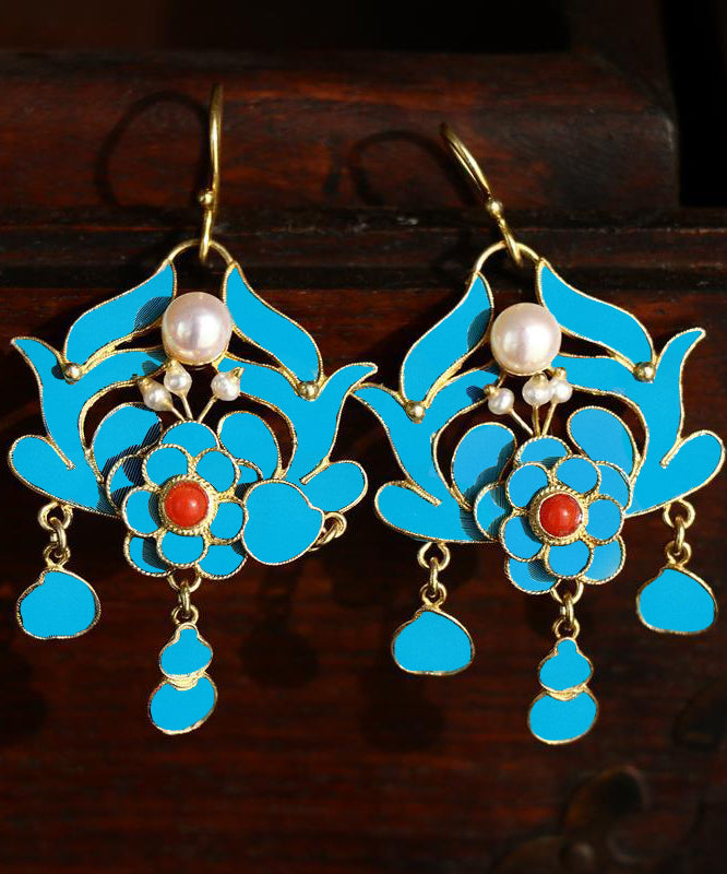 Blue Pearl Tassel Cloisonne Hoop Earrings