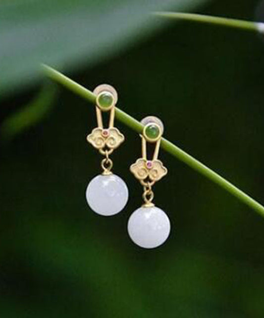 White Sterling Silver Jade Ruyi Drop Earrings