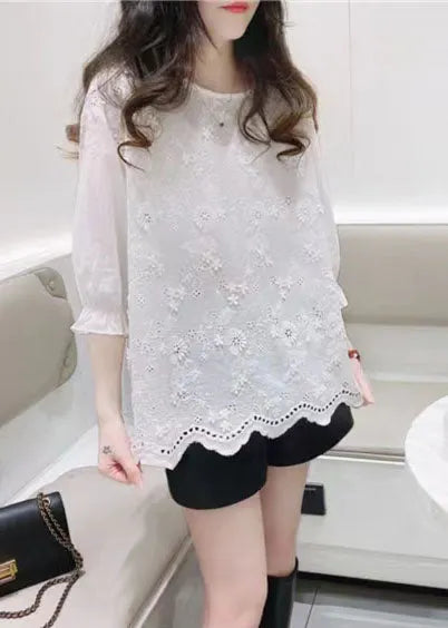 White Jacquard Half Sleeve Cotton Blouse Top Summer