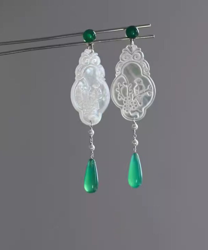 Green Copper Jade Flowers and Birds Water Droplet Drop Earrings