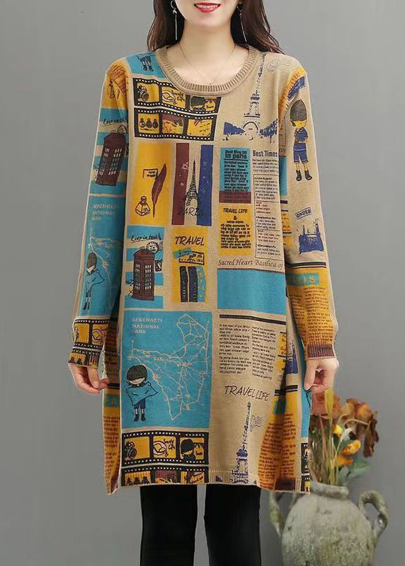 Camel O Neck Print Patchwork Warm Fleece Mid Dress Winter