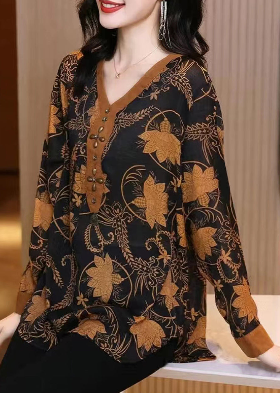 Yellow V Neck Print Patchwork Silk Shirt Top Fall