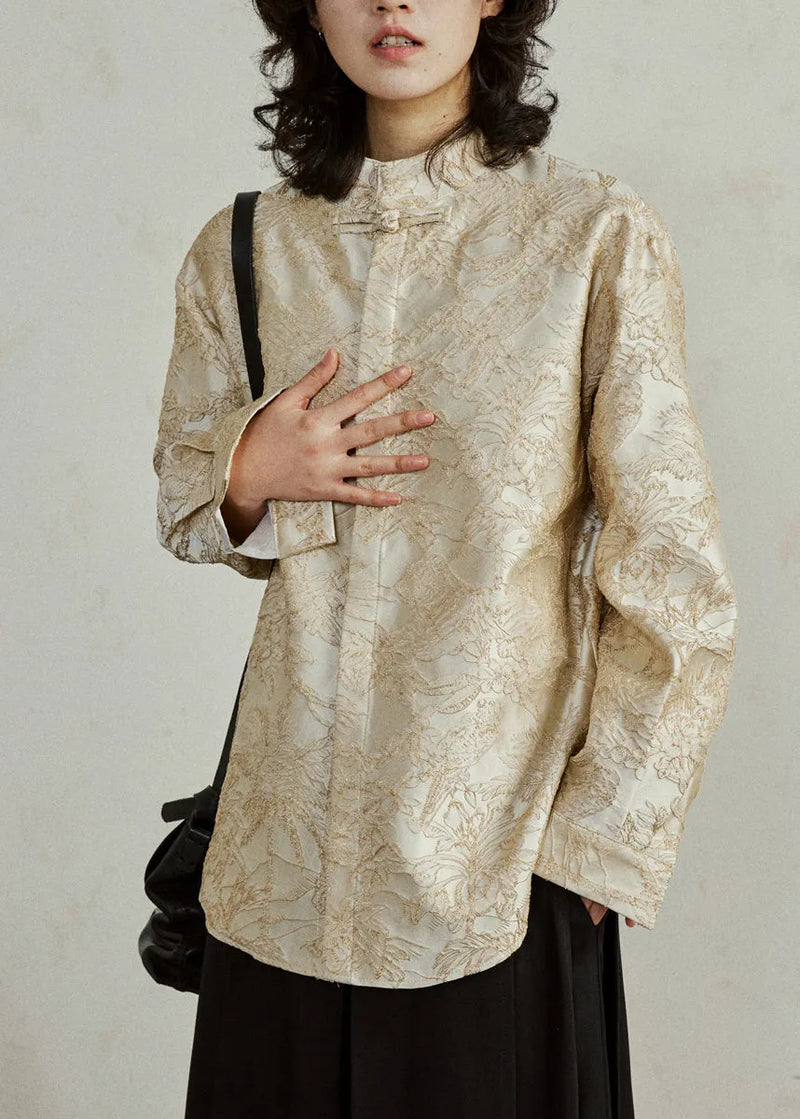 Chinese Style Apricot Button Shirt Lantern Sleeve