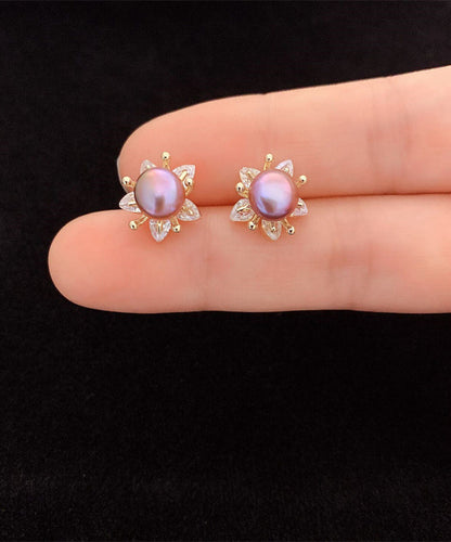 Art Purple Sterling Silver Overgild Pearl Stud Earrings