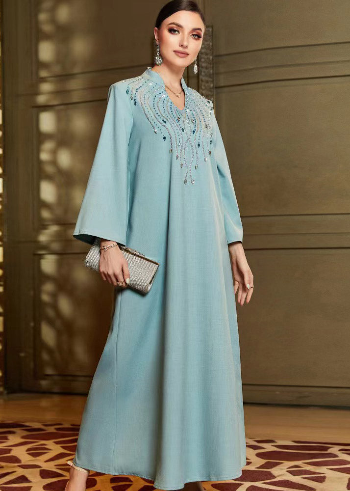Blue Zircon Handmade Beaded Maxi Dress Fall
