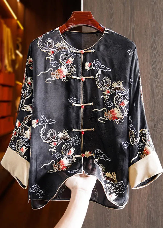 Yellow Embroidered Oriental Button Silk Organza Shirts Top Spring
