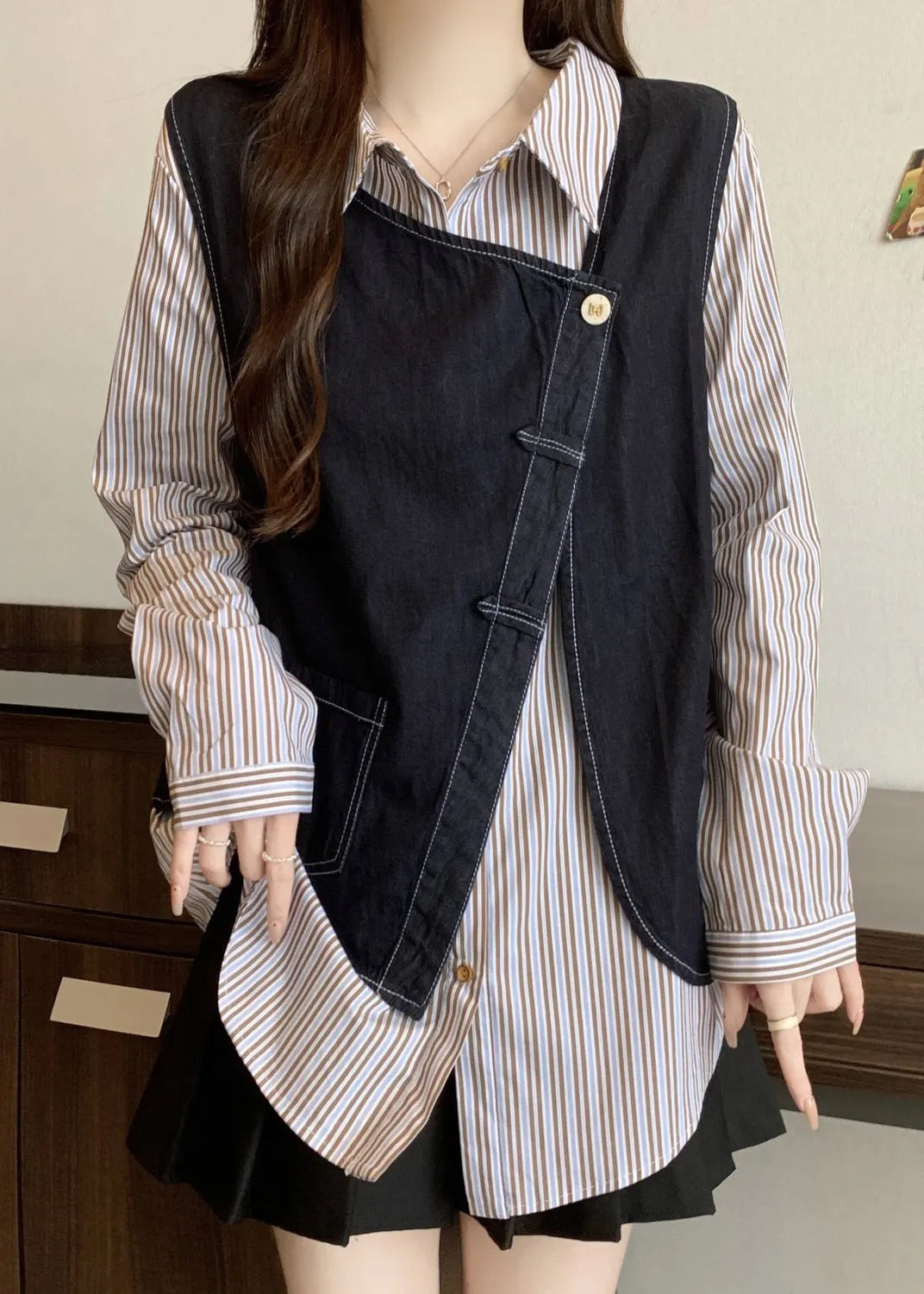 Asymmetrical Striped Cotton Fake Two Piece Top Fall
