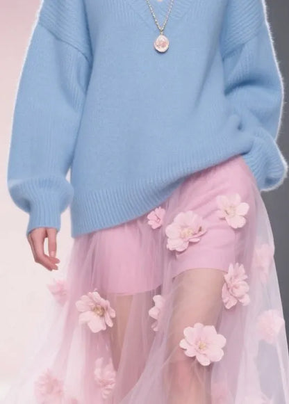 Art Blue V Neck Thick Cozy Sweater Tops Winter