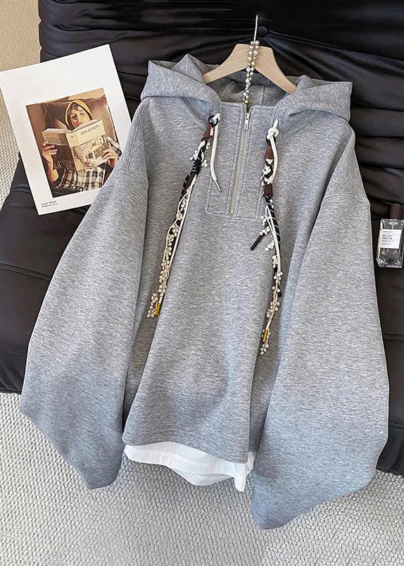 Grey Hooded Zippered False Two Pieces Cotton Sweatshirts Top Fall