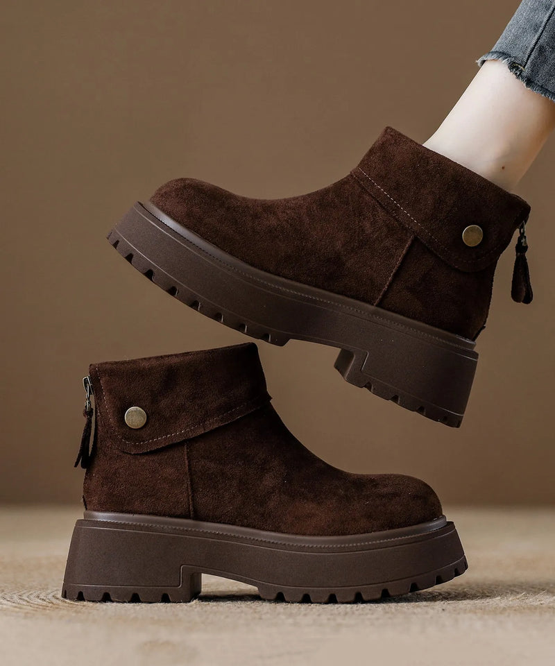 Comfy Coffee Zippered Splicing Chunky Ankle Boots