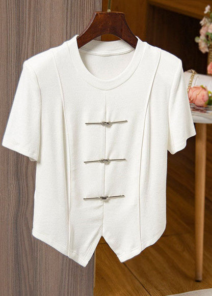 Black Asymmetrical Chinese Button Patchwork Cotton T Shirts Tops Summer