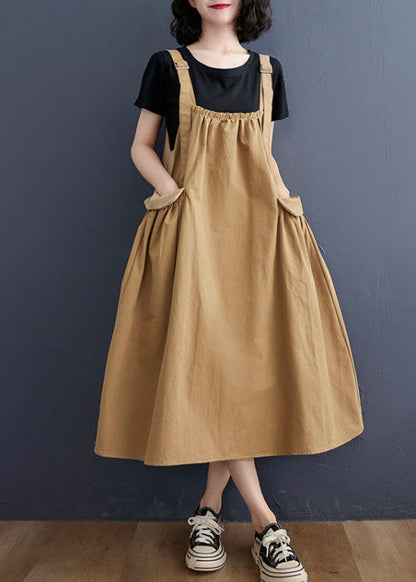Khaki Oversized Pockets Cotton Strap a Line Dress Summer