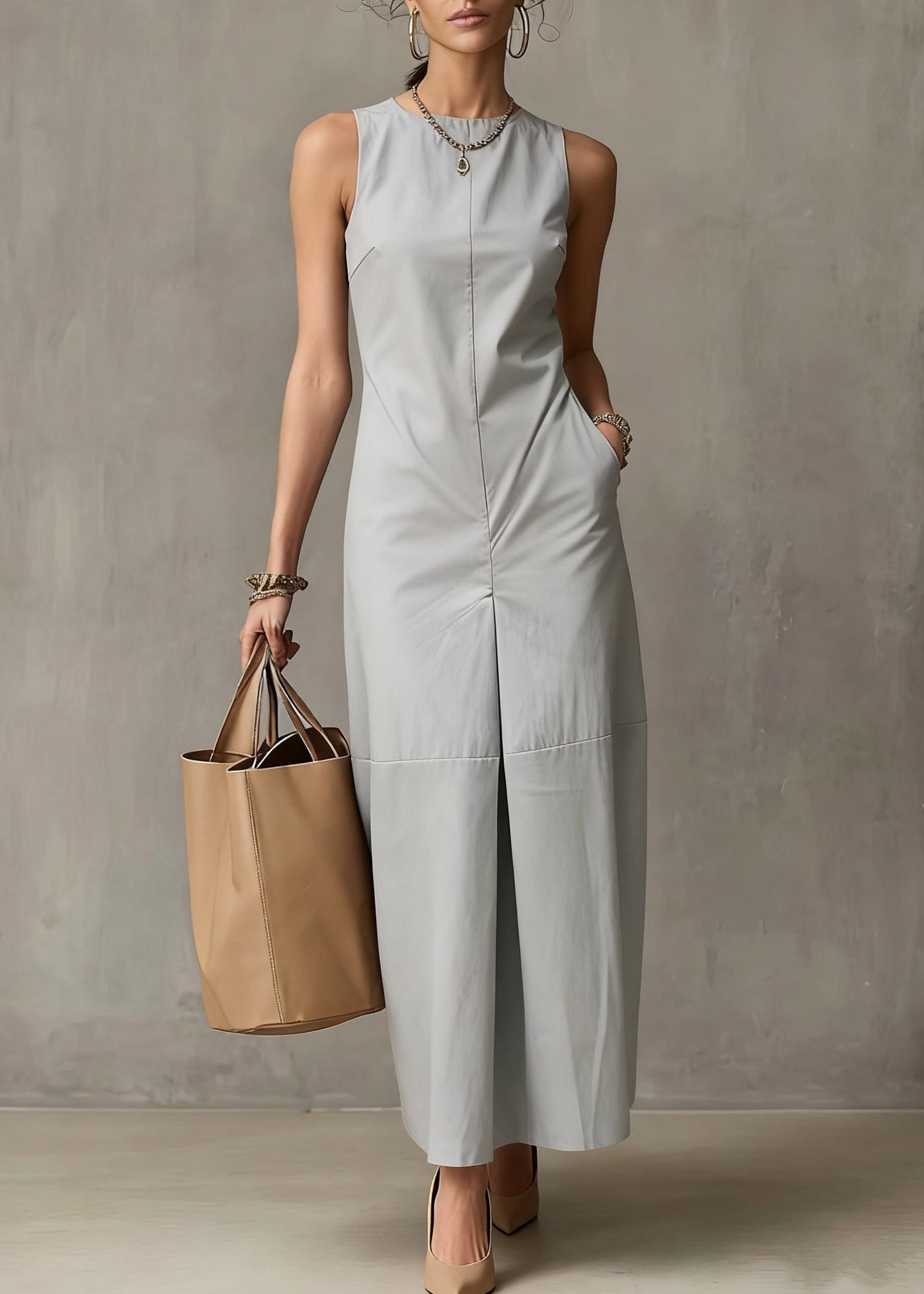 Simple Light Blue Pockets Cotton Long Dresses Sleeveless