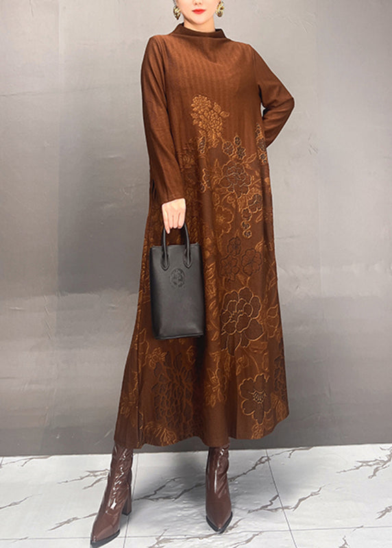 Brown Stand Collar Print Long Dresses Fall