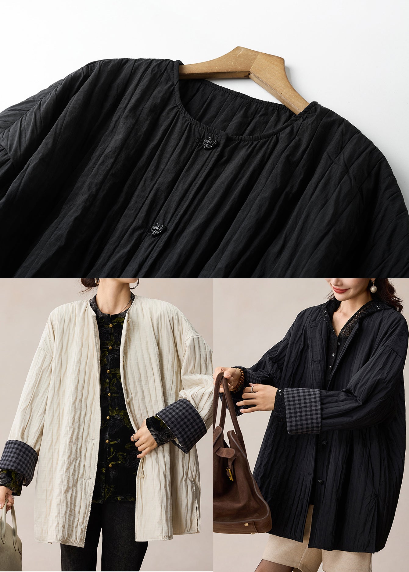 Modern White Oversized Plaid Wrinkled Cotton Coats Spring