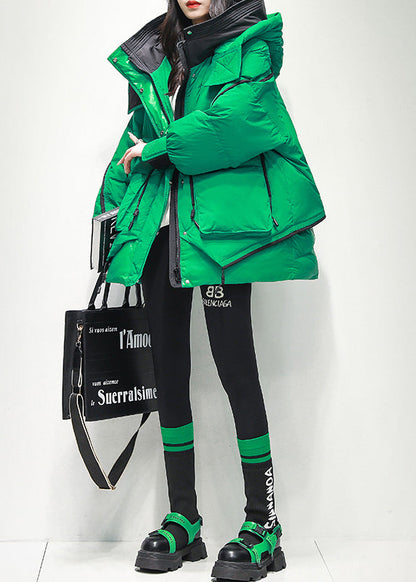 Green Zippered Hooded Pockets Duck Down Jacket Winter