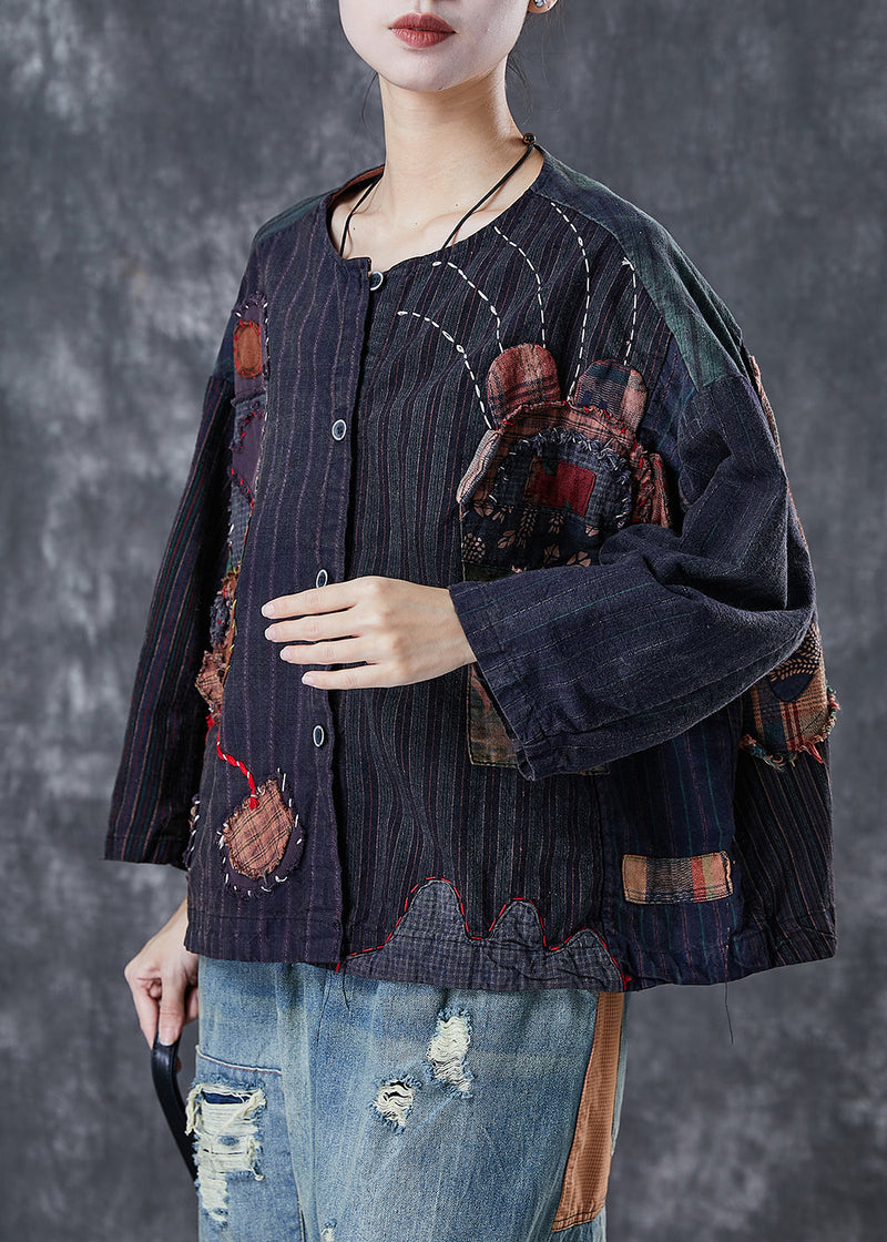 Black Oversized Patchwork Applique Cotton Coat Outwear Spring