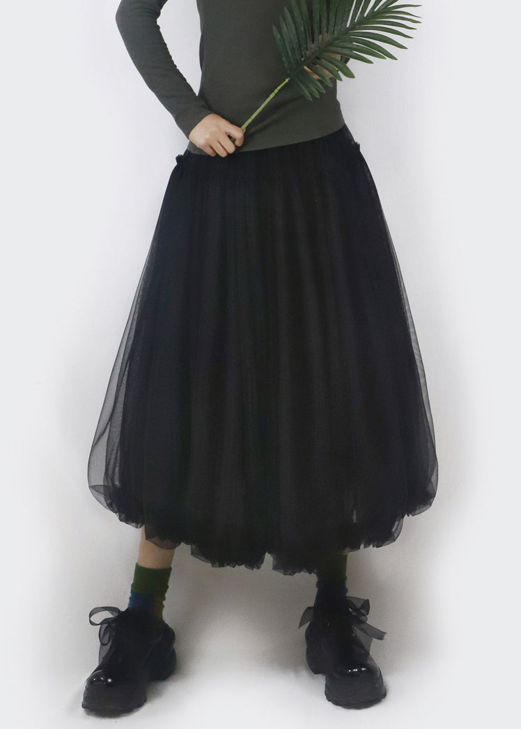 Black Elastic Waist Tulle Bud Skirt Ruffled