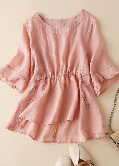 Pink Cinched Patchwork Linen Blouse Tops Half Sleeve