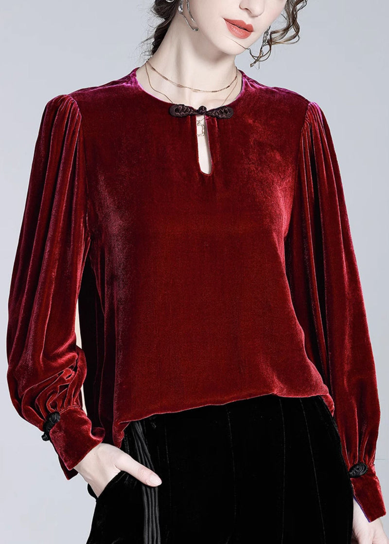 Loose Green Button Silk Velour Top Winter