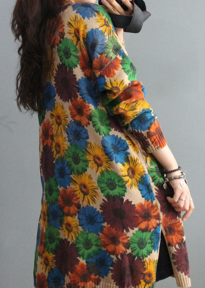 Apricot V Neck Print Pockets Fall Knit Cardigan Long Sleeve