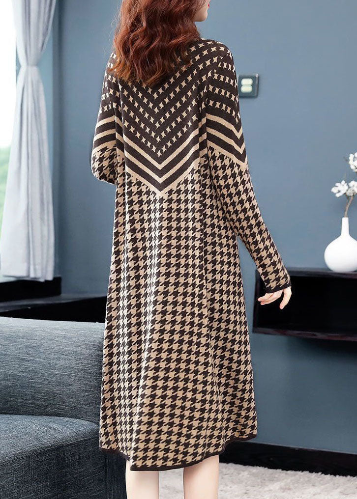 Camel High Neck Print Long Knit Dress Long Sleeve