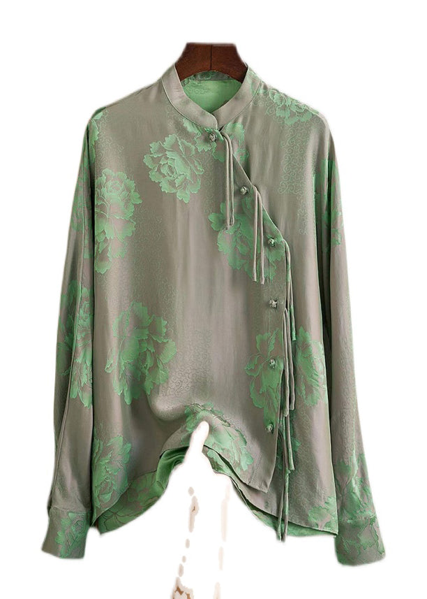 Yellow Text Mandarin Collar Button Print Silk Shirt Top Spring