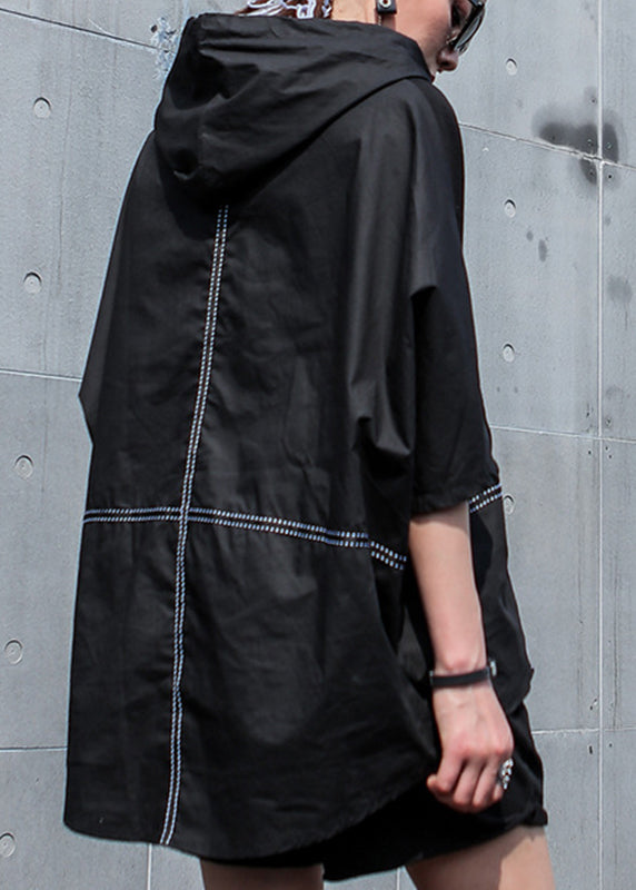 Classy Black O-neck Patchwork Drawstring Hooded Coats Half Sleeve
