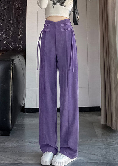 Purple Button Corduroy Pants Elastic Waist Spring