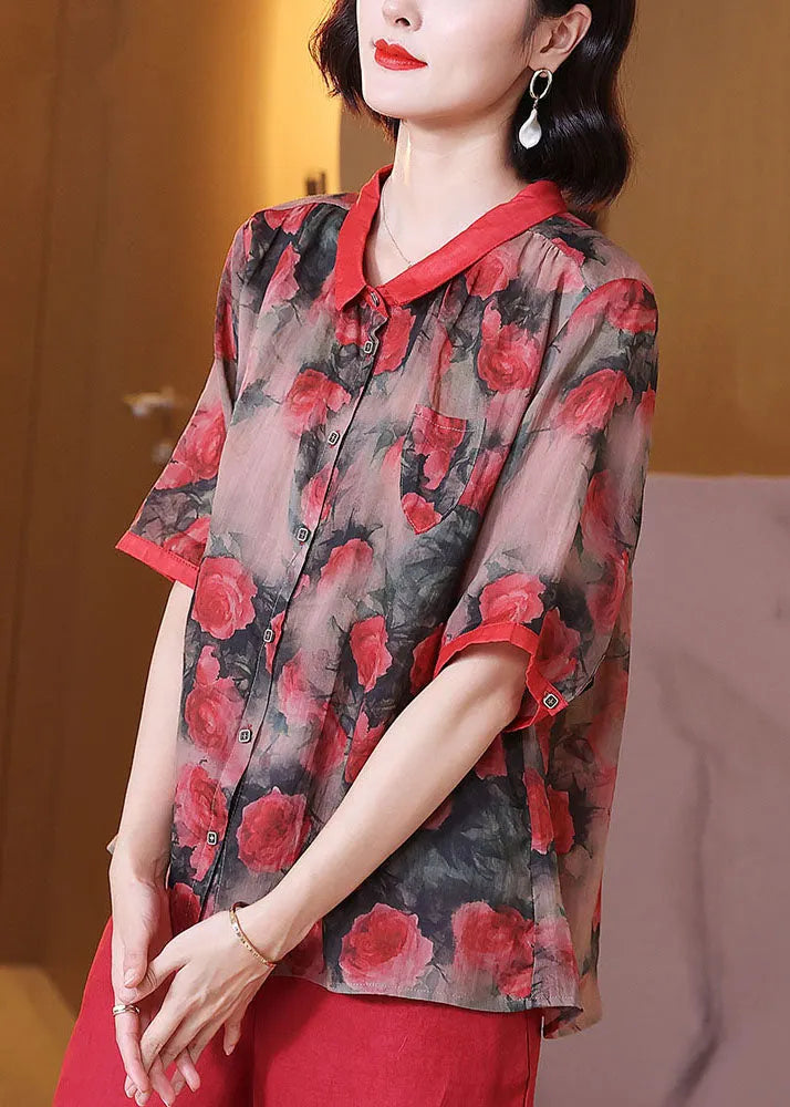 Red Peter Pan Collar Print Button Patchwork Linen Top Summer