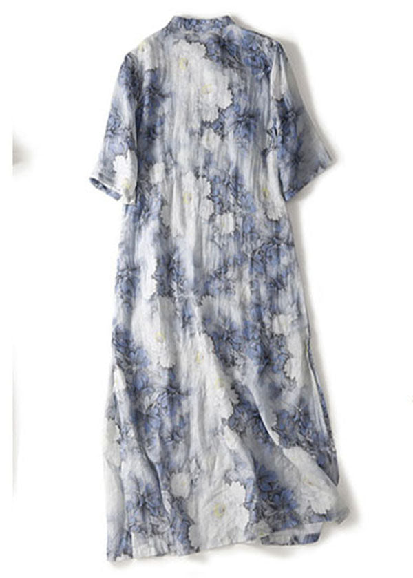 Blue Print Mandarin Collar Cotton Cheongsam Dresses Summer