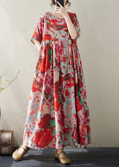 Red O Neck Print Wrinkled Cotton Vacation Dresses Summer
