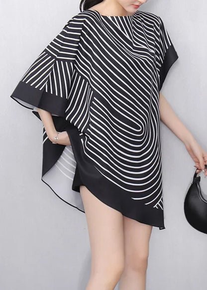Black Striped O-neck Side Open Short Sleeve