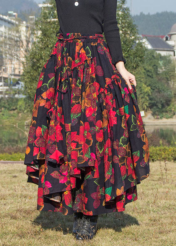 Red Asymmetrical Print Tie Waist Pleated Skirts
